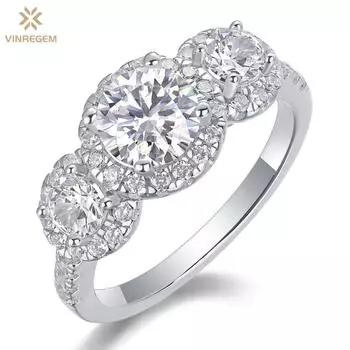 Vinregem Роскошные кольца из 100% стерлингового серебра 925 пробы круглой огранки 6,5 мм 1CT 3EX VVS1 D Цвет настоящий муассанит с бриллиантами Свадебные обручальные ювелирные украшения для женщин