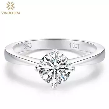 Vinregem Simple, 100% стерлинговое серебро 925 пробы, пройденное тестирование, с бриллиантом VVS1 0,5-1 карат, настоящий муассанит, цвет D, кольцо с драгоценным камнем, свадебное обручальное ювелирное изделие