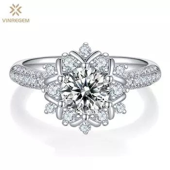 Vinregem Стерлинговое Серебро 925 пробы 3EX VVS1 D Цвет 1CT 6,5 мм Настоящее кольцо с муассанитом и бриллиантами, сверкающее цветочное кольцо для женщин, ювелирные изделия, подарки на свадьбу и помолвку