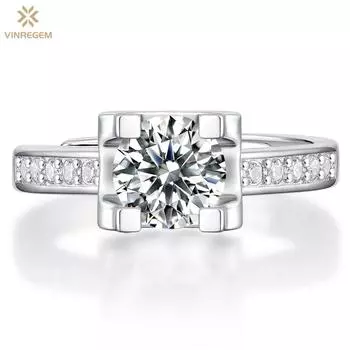 Vinregem, стерлинговое серебро 925 пробы, бриллиант VVS1, круглый 1 карат, настоящий муассанит, цветной драгоценный камень, регулируемое кольцо для женщин, обручальное ювелирное изделие
