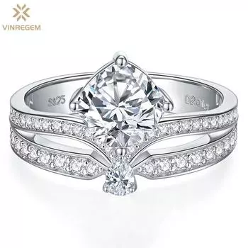 Vinregem Стерлинговое серебро 925 пробы с бриллиантом VVS1 2CT Настоящий муассанит D Цвет Подушка огранки Драгоценный камень Корона Кольцо Свадебная помолвка Изящные ювелирные изделия