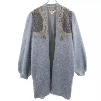VINTAGE 80s Long sleeve Mohair knit cardigan L Blue Women Used