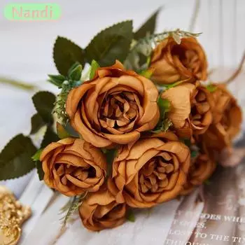 Vintage 8 Heads Artificial Flower Silk Peony Golden Rose Ornament Fake Flower Wedding Table Party Bouquet DIY Home Decor