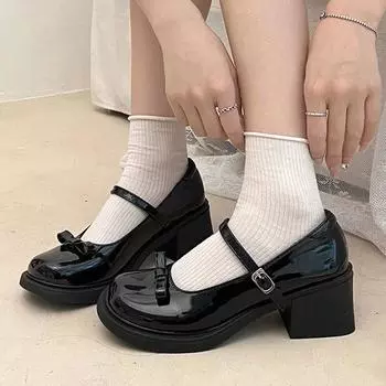 Vintage Ankle Buckle Mary Jane Shoes Women Patent Leather Thick Heels Pumps Woman Japanese Style Platform Uniform Lolita Shoes 4.5 чёрный