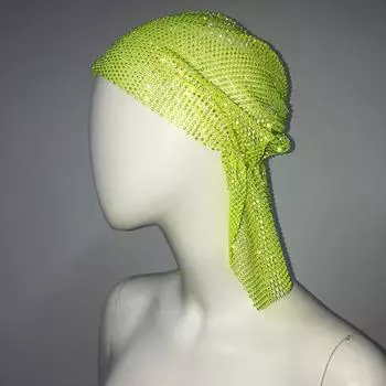 Vintage Aurora Borealis Hair Band Turban Fishnet Headscarf Trendy Rhinestone Bandana Party Green Rhinestone