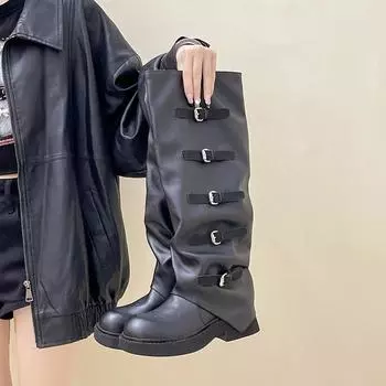 Vintage belt buckle pleated leather boots autumn fashion versatile stacking boots women s outer wear sequined cloth knight boots pant tube boots 35