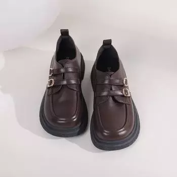 Винтажные черные кожаные женские туфли с круглым носком и толстой подошвой, увеличивающие рост, без застежек, универсальные для осени/зимы 35