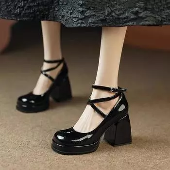 Vintage Black Mary Janes shoes Woman Buckle Non-Slip Casual High Heels Office Ladies Solid Elegant Heels Korean Lolita Heels 35 бежевый