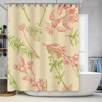 Vintage Botanical Shower Curtain Green Pink Floral Print Fabric Shower Curtains for Bathroom Decor Size72x84 inches 90x180cm