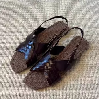 Vintage braided cross-strap flat-bottomed casual open-toed sandals women s summer new rear strap square head shoes 35