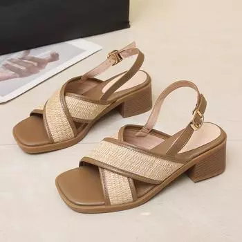 Vintage Braided Cross Strap Open-toed Roman Sandals Women s Summer New Mid-heel Thick Heel Back Strap Shoes 34 коричневый