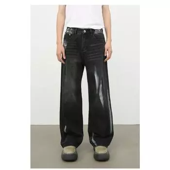 Vintage Brushed Color Wide-leg Jeans Men s High Street Old-fashioned Loose Straight Pants Straight Loose Jeans for Men Fashionable and Comfortable S черный серый