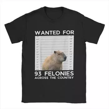 Vintage Capybara Mugshot Wanted For 93 Felonies Across The Country T-Shirts for Men Cotton T Shirts Tee Shirt Plus Size Clothes S чёрный