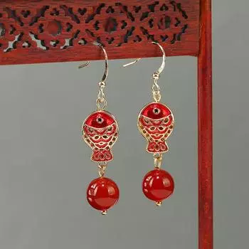 Vintage Chinese style red koi fish earrings niche design femininity ethnic style jade earrings earrings tide