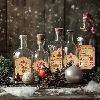 Vintage Christmas Wine Bottle Stickers Santa Elk Xmas Tree Print Self-adhesive Wine Bottle Labels Christmas Party Decoration 12pcs