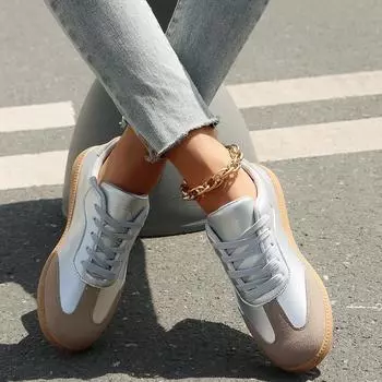 Vintage Classic Fashion Casual German Training Shoes Women s Non-slip Breathable Lace-up Round Head Flat Shoes 35 серебряный