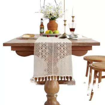 Винтажная хлопковая кружевная дорожка для стола, бежевая, белая, 30*180 см, дорожки для стола из хлопка в стиле бохо, полые кисточки, стол, флаг, шкаф