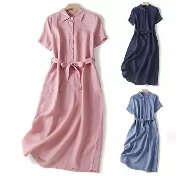 Vintage Cotton Linen Shirt Dress For Women Solid Plus Size Casual Long Dresses Ladies Slim A Line Tunic Dress Outfits For Summer XXL синий