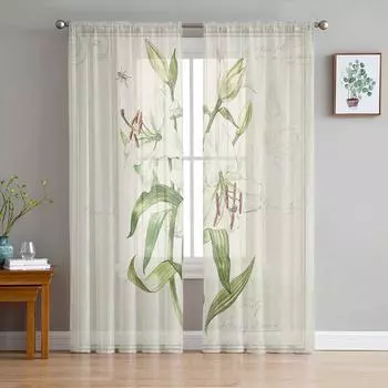 Vintage Country Plants Lily Flower Sheer Curtains for Living Room Decoration Window Curtains Kitchen Tulle Voile Curtains W135 x H115cm x1