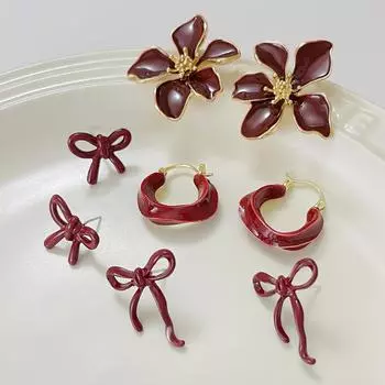 Vintage Cute Red Flower Bow Stud Earrings for Women 2025 Korean Fashion Charm Wedding Bride Jewelry Accessories Anniversary Gift