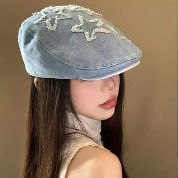 Vintage denim rough edge star forward hat women s summer versatile blue beret face hat M56-58cm синий