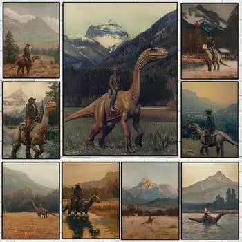 Vintage Dinosaur Cowboy Poster Western Jurassic Dinosaurs Canvas Painting Funny Wall Art for Living Room Home Decor Gift Mural 21cm30cm NoFrame