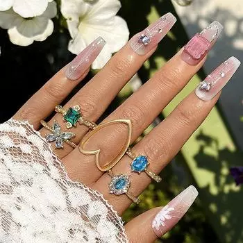 Vintage distressed turquoise inlaid exaggerated ring set flower crown leaf eagle joint ring eight-piece set for women