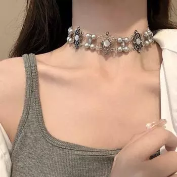 Vintage Double Layer Necklace Sweet Women Collarbone Chain Cool Pearl Metal Necklace Party белый