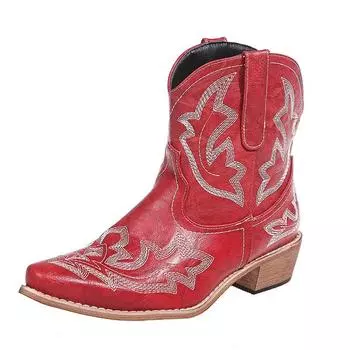 Vintage Embroidery Cowboy Woman Boots 2024 Autumn Winter Thick Heels Ankle Boots For Women Red PU Leather Western Botas Mujer 35 бордовый