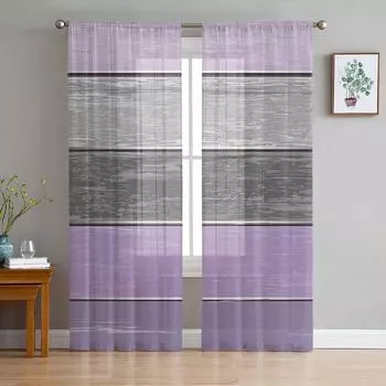 Vintage Farm Purple Wood Grain Sheer Curtains for Living Room Decoration Window Curtains Kitchen Tulle Voile Organza Curtains W135 x H115cm x1