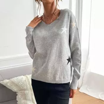 Vintage Fashion Elegant Casual Autumn Clothing Gray V-neck Loose Pullover Pentagram Sweater S светло-серый