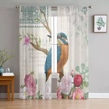 Vintage Flowers Bird Sheer Curtains for Living Room Decoration Window Curtains for Kitchen Tulle Voile Organza Curtains W135 x H245cm x1