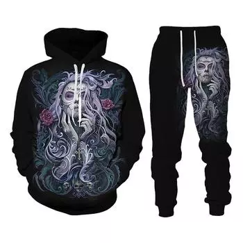 Vintage Gothic Skull Pattern 3D Print Men Tracksuit Sets Casual Hoodie+Pants 2pcs Sets Oversized Sweatshirt Trend Men Clothing S
