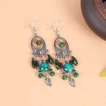 Vintage green chalcedony forehead exotic bohemian forehead chain fringed earrings headgear women