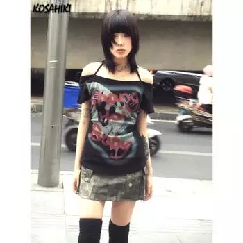 Винтажные топы с бретельками через шею с буквенным принтом, женские сексуальные футболки с открытыми плечами, повседневная футболка Harajuku Bottoming, эстетические футболки в стиле гранж Y2k S чёрный