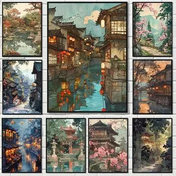Vintage Hiroshi Yoshida Inspired Poster Traditional Japanese Village Landscape Canvas Painting Wall Art Living Room Home Decor 21cm30cm NoFrame