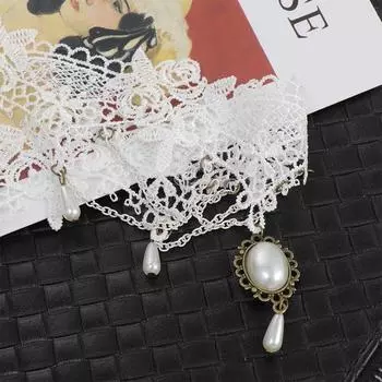 Vintage Imitation Pearl Wedding Punk Bridal Women Jewelry White Choker Lace Necklace белый