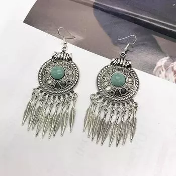 Vintage Indian style exaggerated earrings Large round inlaid turquoise fringed earrings Ethnic style women s earrings