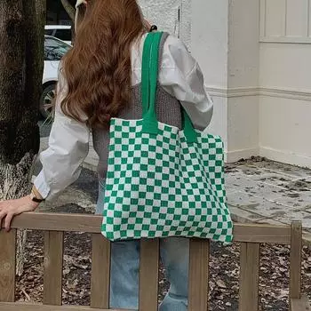 Винтажная вязаная сумка, модная сумка через плечо, черно-белая клетчатая сумка, большая вместительная сумка-тоут, сумка для покупок