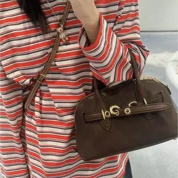 Vintage Leather Shell Bag Women s Tote Bowling Bag with One-shoulder Crossbody Boston Bag чёрный