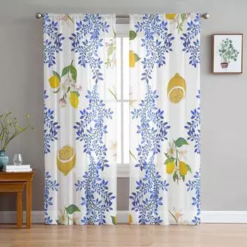 Vintage Lemon Flower Leaves Sheer Curtains for Living Room Decoration Window Curtains for Kitchen Tulle Voile Organza Curtains W135 x H115cm x1
