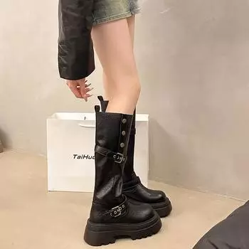 Vintage Maillard fashion boots women s 2024 new platform sleeve comfortable knight boots street fashion boots tide 35 чёрный
