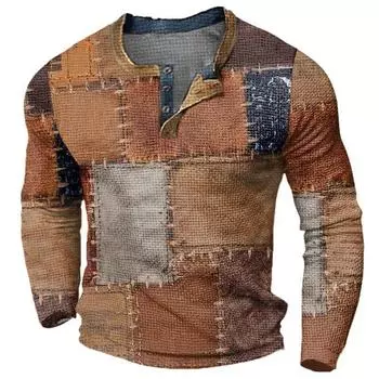 Vintage Men s Sweatshirts Patchwork 3D Printed Long Sleeve Henley Collar Tops Oversize Men Clothing Pullover 5XL
