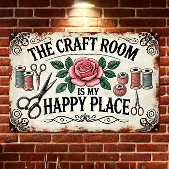 Vintage Metal Sign The Craft Room is My Happy Place Decorative Vintage Wall Art for Home Cafe Bar Restaurant Supermarket чёрный