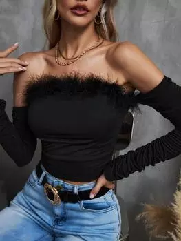 Винтажный однобортный воротник без бретелек с длинным рукавом и открытой спиной футболка с открытыми плечами для женщин Y2K ClothesF XS чёрный