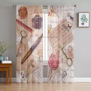 Vintage Old Ink Bottle Texture Sheer Curtains for Living Room Transparent Tulle Window Curtain Bedroom Kitchen Decor Veil Drapes 135W x 114H(cm)