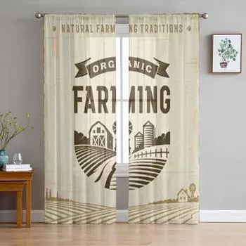 Vintage Organic Farming Label Sheer Curtains for Living Room Transparent Tulle Window Curtain Bedroom Kitchen Decor Veil Drapes 135W x 114H(cm)