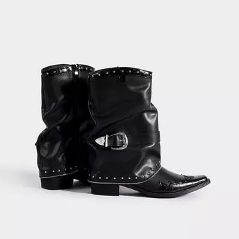 Vintage pant tube boots flame design knight boots pointed thick heel Martin boots rivet chain design stacking boots 35