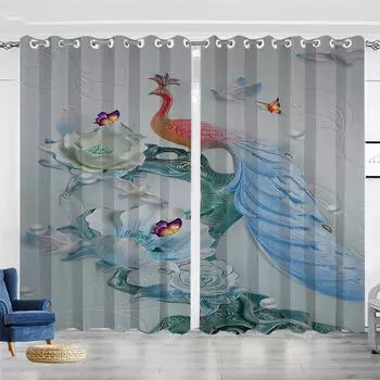 Vintage Peacock With Flowers Butterfly 3D Digital Printing Bedroom Living Room Window Curtains 2 Panels 100W130H(CM)40x51in&Hook
