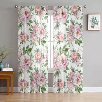 Винтажные розовые цветы гибискуса белые прозрачные шторы для гостиной украшения оконные занавески для кухни тюль вуаль органза шторы W135 x H115cm x1&Rod Pocket